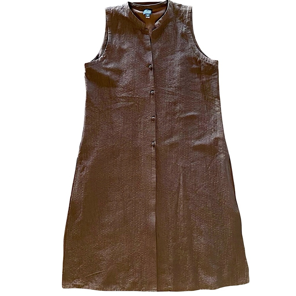 Eileen Fisher Sz Large Long Duster Jacket Sleeveless Silk Blend Asian Inspired
